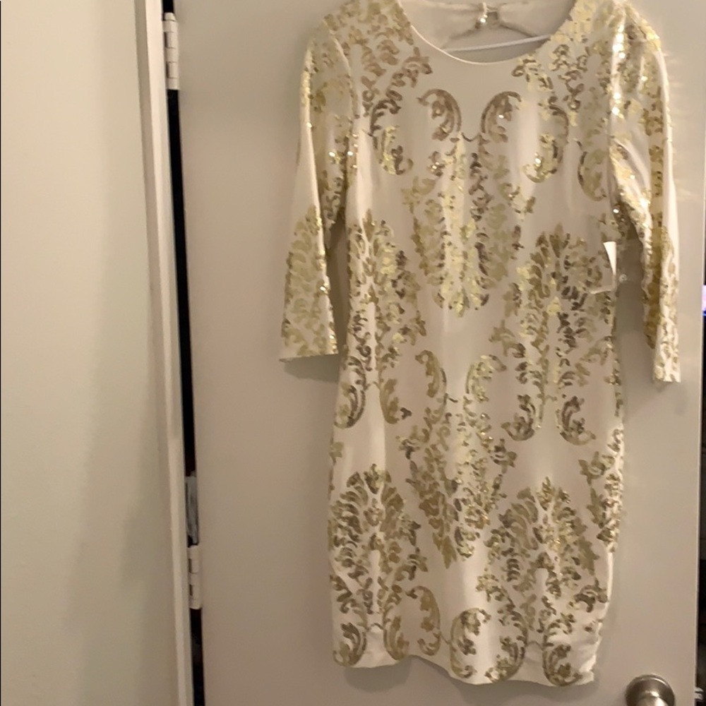 Fitted white with Gold Sequin mini dress BRAND NEW